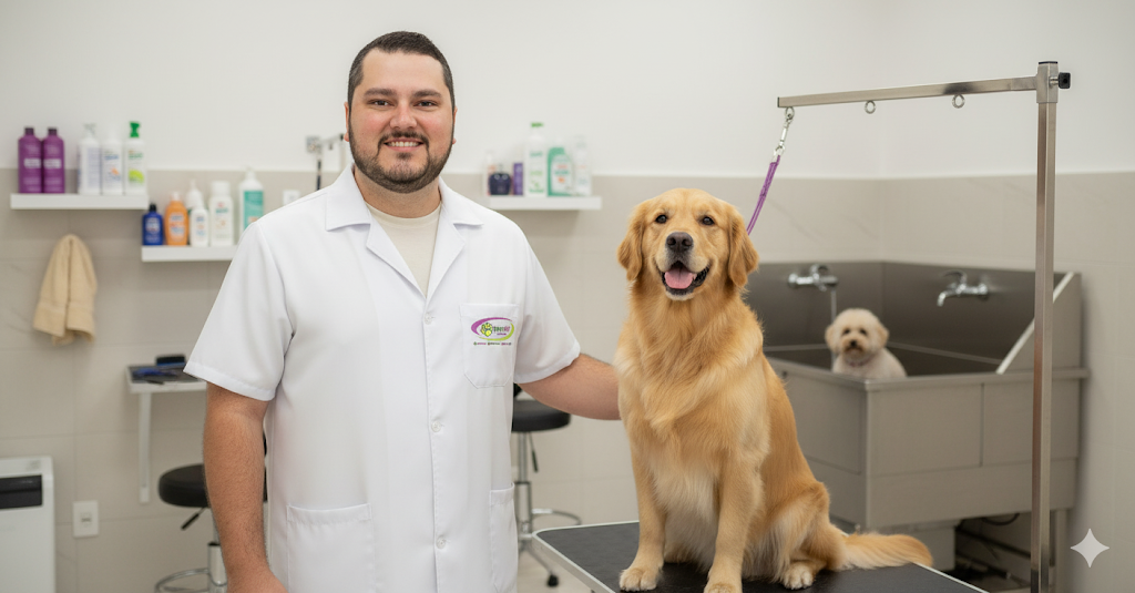 Foto do groomer Wiliam sorrindo ao lado de um cão da raça Golden Retriever em uma mesa de tosa